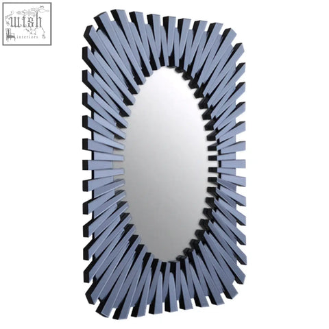 Jade grey rectangular sunburst wall mirror with an oval reflective surface and gray metallic sunburst frame