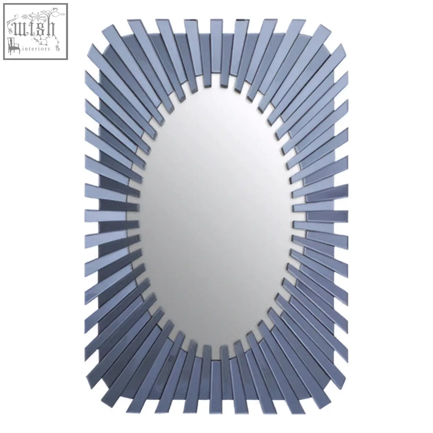 A jade grey rectangular sunburst wall mirror with a sleek oval mirror and metallic gray slat frame design