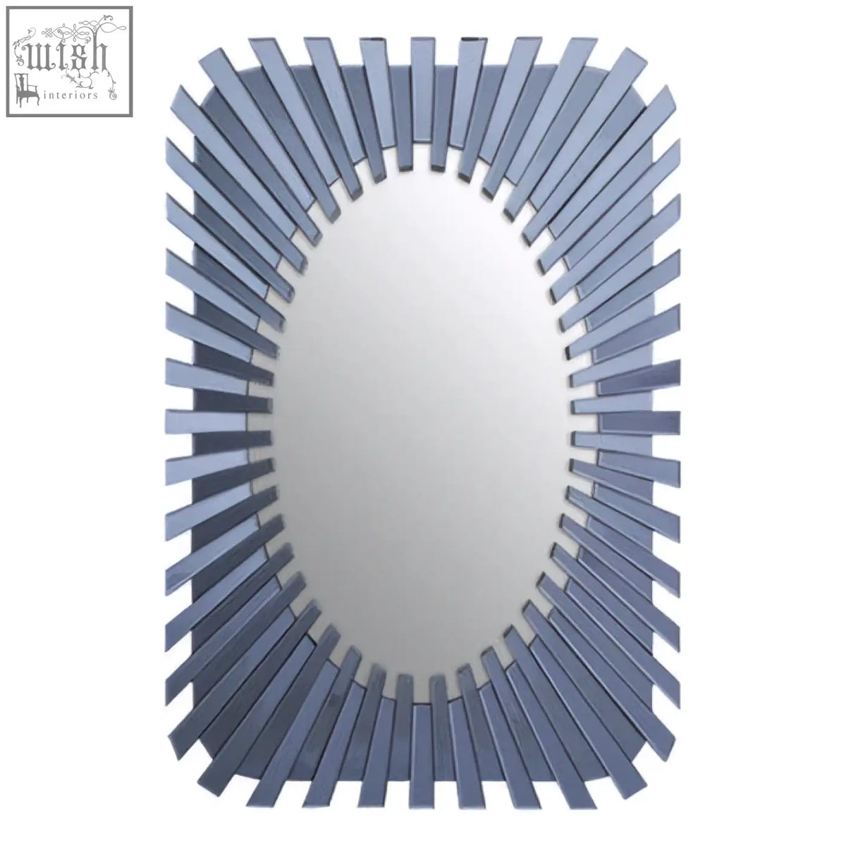 A jade grey rectangular sunburst wall mirror with a sleek oval mirror and metallic gray slat frame design