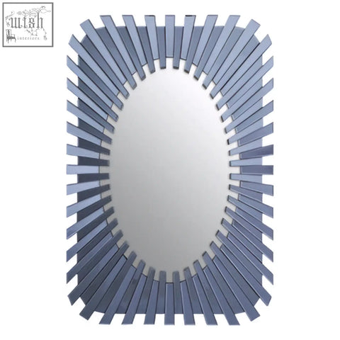 A jade grey rectangular sunburst wall mirror with a sleek oval mirror and metallic gray slat frame design