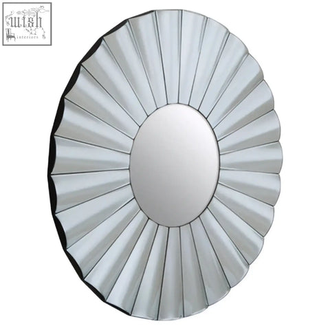 Silver oval wall mirror with sunburst design and segmented panels perfect as a round silver wall mirror decor
