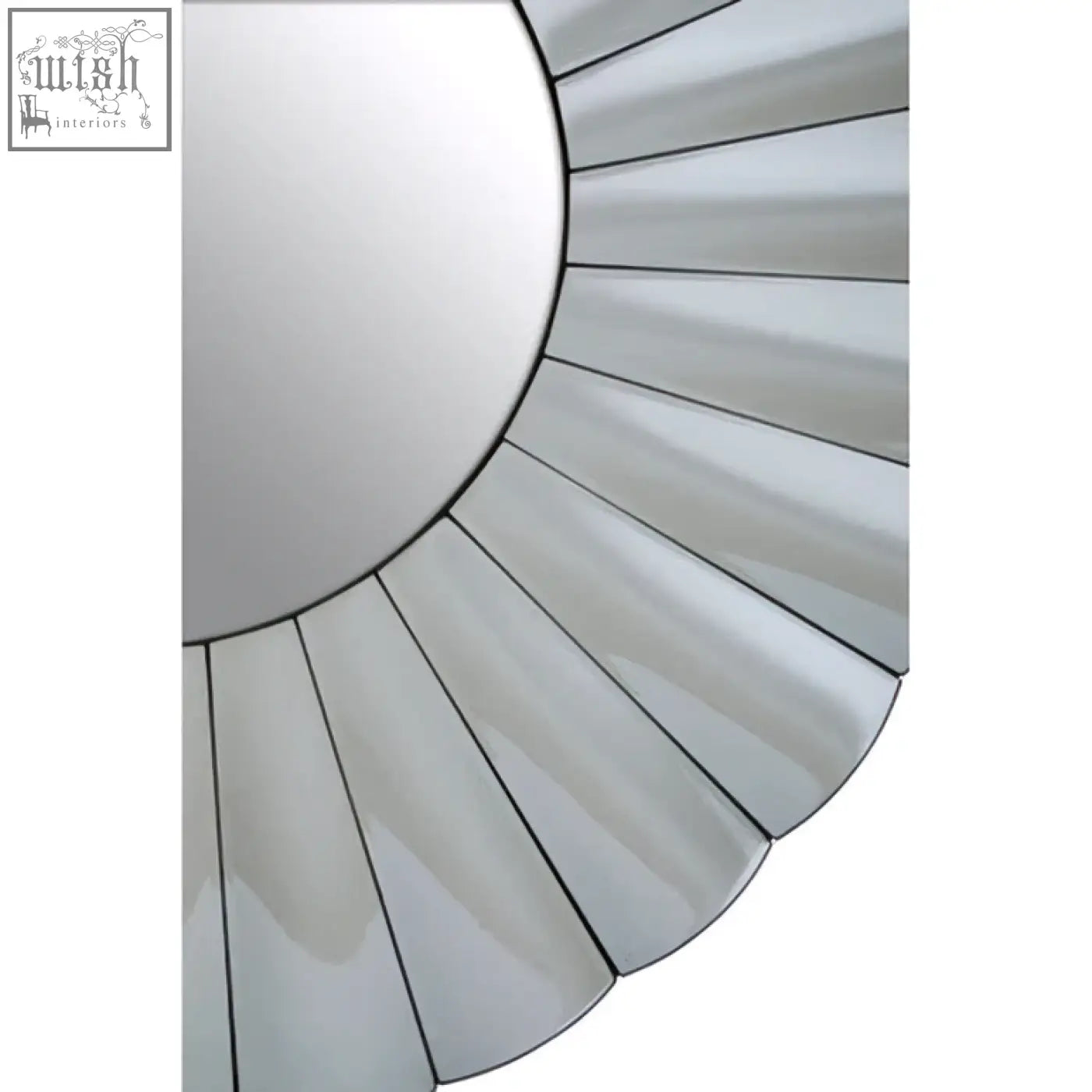Jade round silver wall mirror with silver sunburst design and reflective segmented silver wall mirror finish