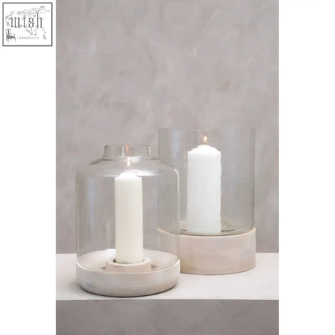 Clear glass jain large hurricane candle holder with matte white ceramic base perfect large hurricane candle decor