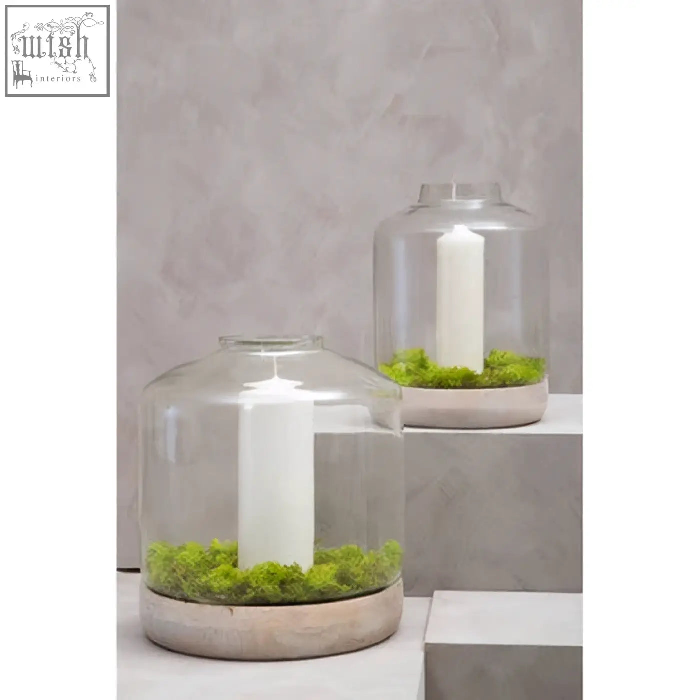 Jain large hurricane candle holder with clear glass dome, white candle, green moss, and concrete base sitting on table