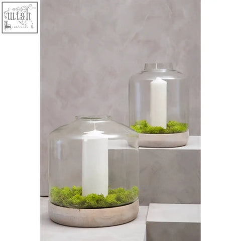 Jain large hurricane candle holder with clear glass dome, white candle, green moss, and concrete base sitting on table