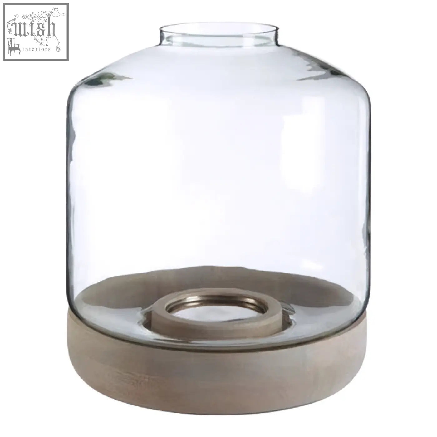 Clear glass jain large hurricane candle holder with matte gray concrete base and metallic ring for large hurricane candle use