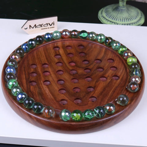 Round wooden solitaire game jajur wooden solitaire with glossy multicolored glass marble ring on the edge