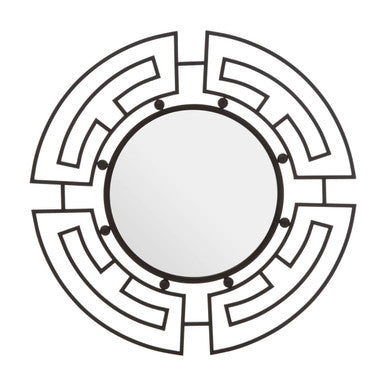 Jalal black metal frame round wall mirror with a black maze-like metal frame and small circular accents along the edge