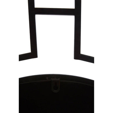 Jalal black metal round wall mirror with black metal frame featuring a stylish letter h design