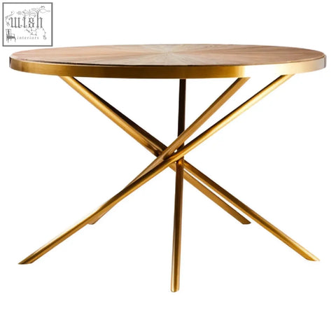 Jana round fir wood dining table with gold-finished metal x-shaped legs and round wooden top for stylish dining