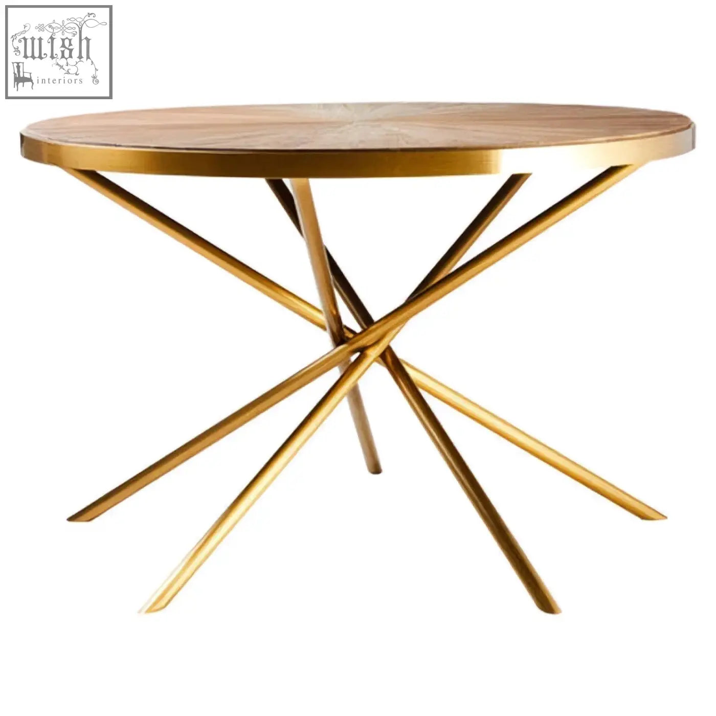 Jana round fir wood dining table with gold-finished metal intersecting legs and round wooden top