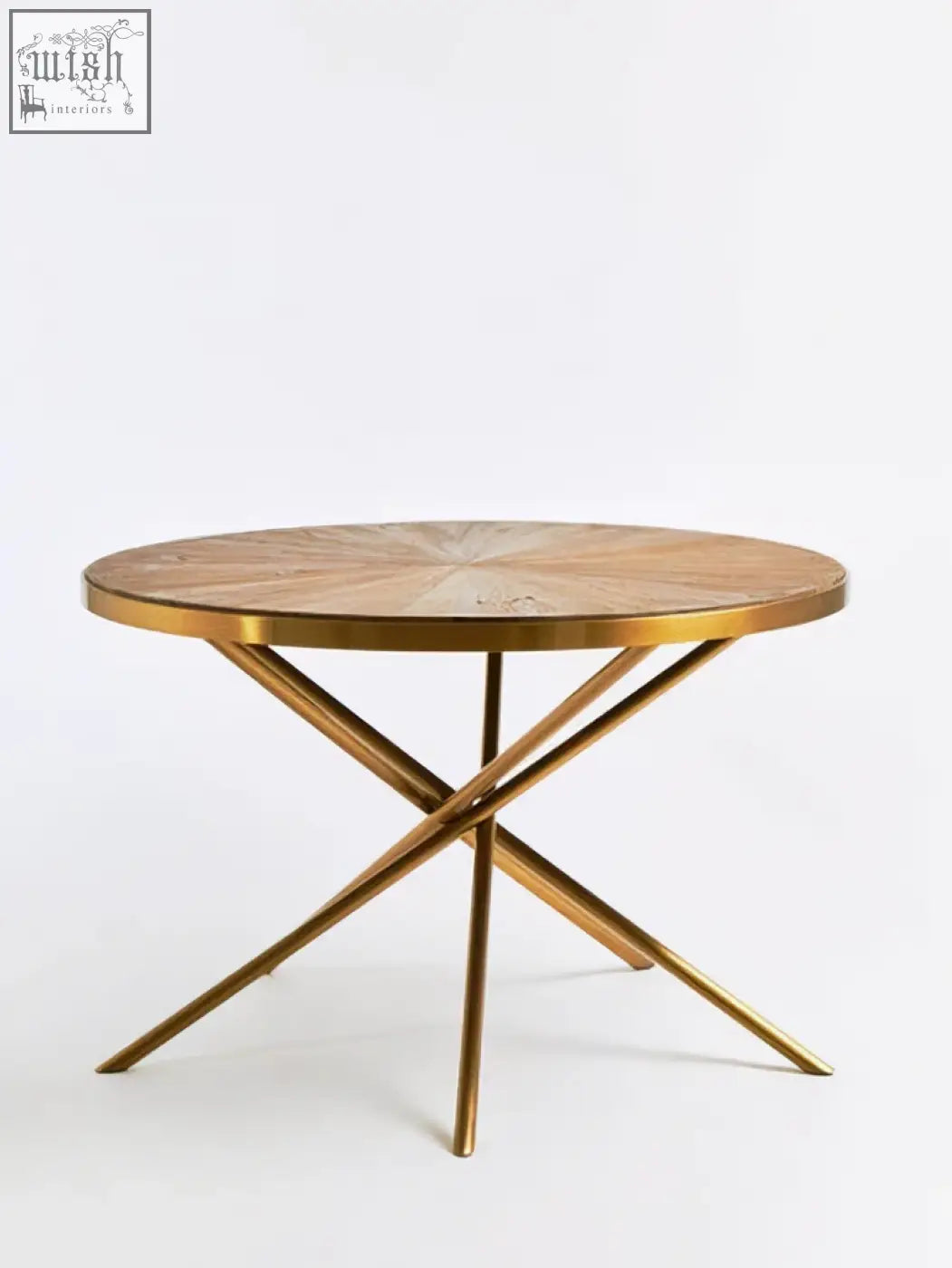 Jana round fir wood dining table with round wooden top and golden x-shaped metal base for stylish dining rooms