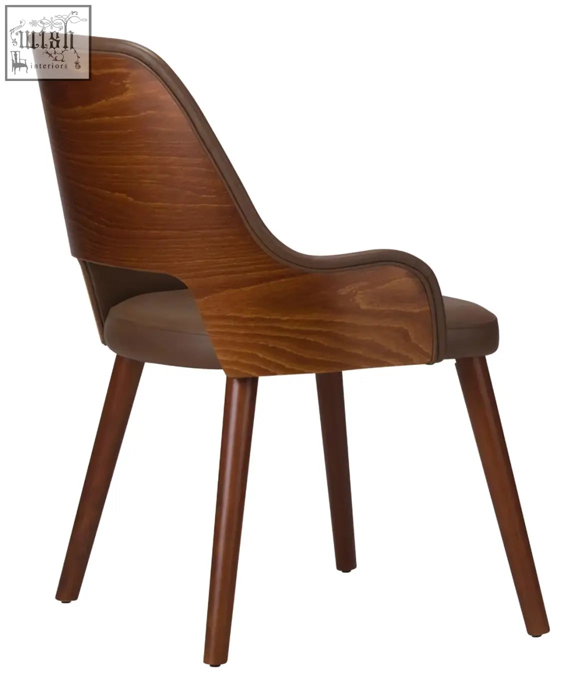 Brown jane dining chair made of solid beech wood with a curved backrest and brown leather seat handmade quality