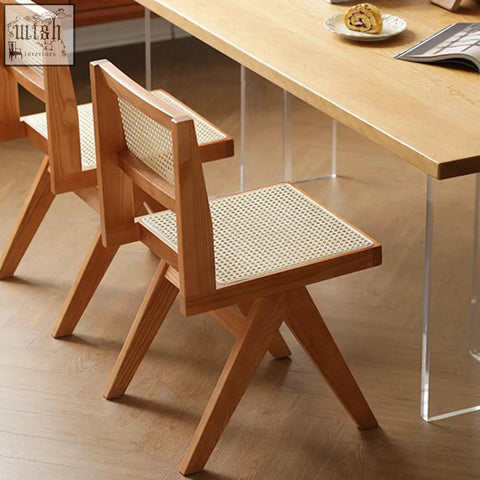 Light wood jane rattan dining chair with cane back woven seat and x shaped solid wood legs for dining rooms