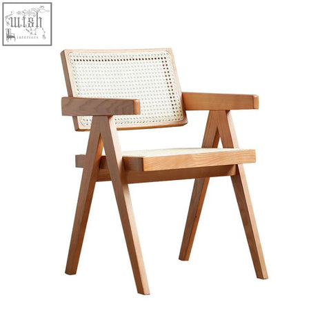 Light wood jane rattan dining chair with woven rattan back and seat and minimalist solid wood frame