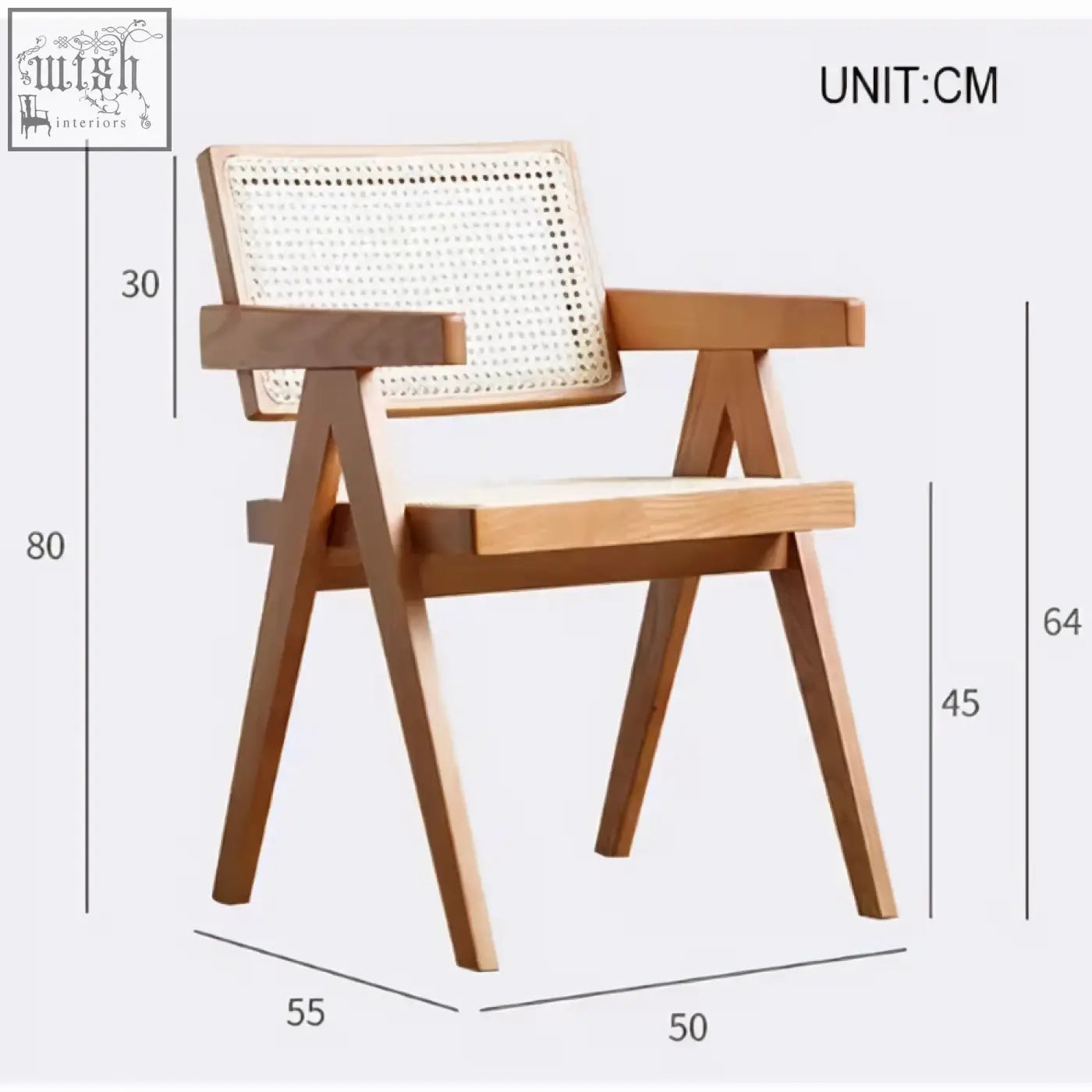 A light wood jane rattan dining chair with woven natural fiber seat and back featuring clean lines and angled legs