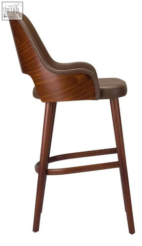 Brown leather jane tall stool with solid beech frame curved wooden backrest and matching legs with high density foam seat