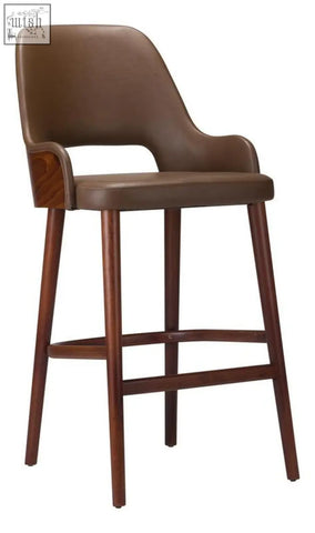 Brown leather jane tall stool with solid beech frame wooden legs armrests and high density foam seat for comfort