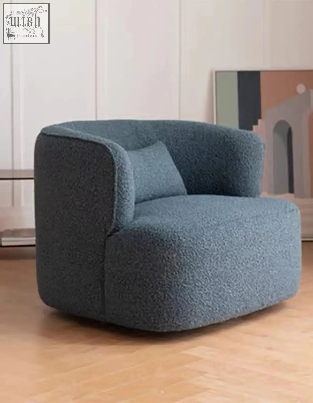 Janet armchair velvet boucle in soft blue fabric with matching cushion, perfect alternative to a green velvet armchair
