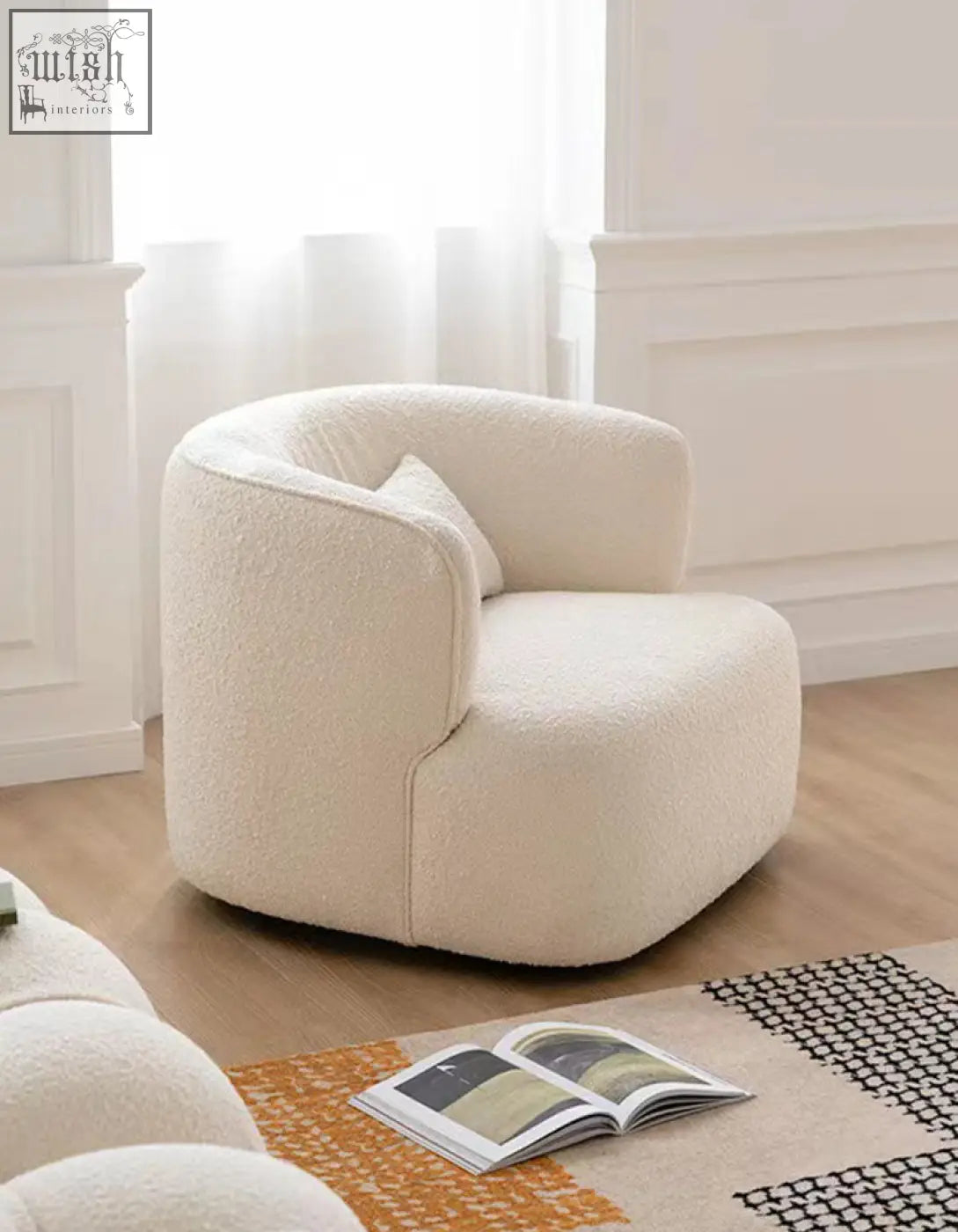 Cream-colored janet armchair with plush rounded design and soft velvet boucle fabric, perfect velvet armchair option