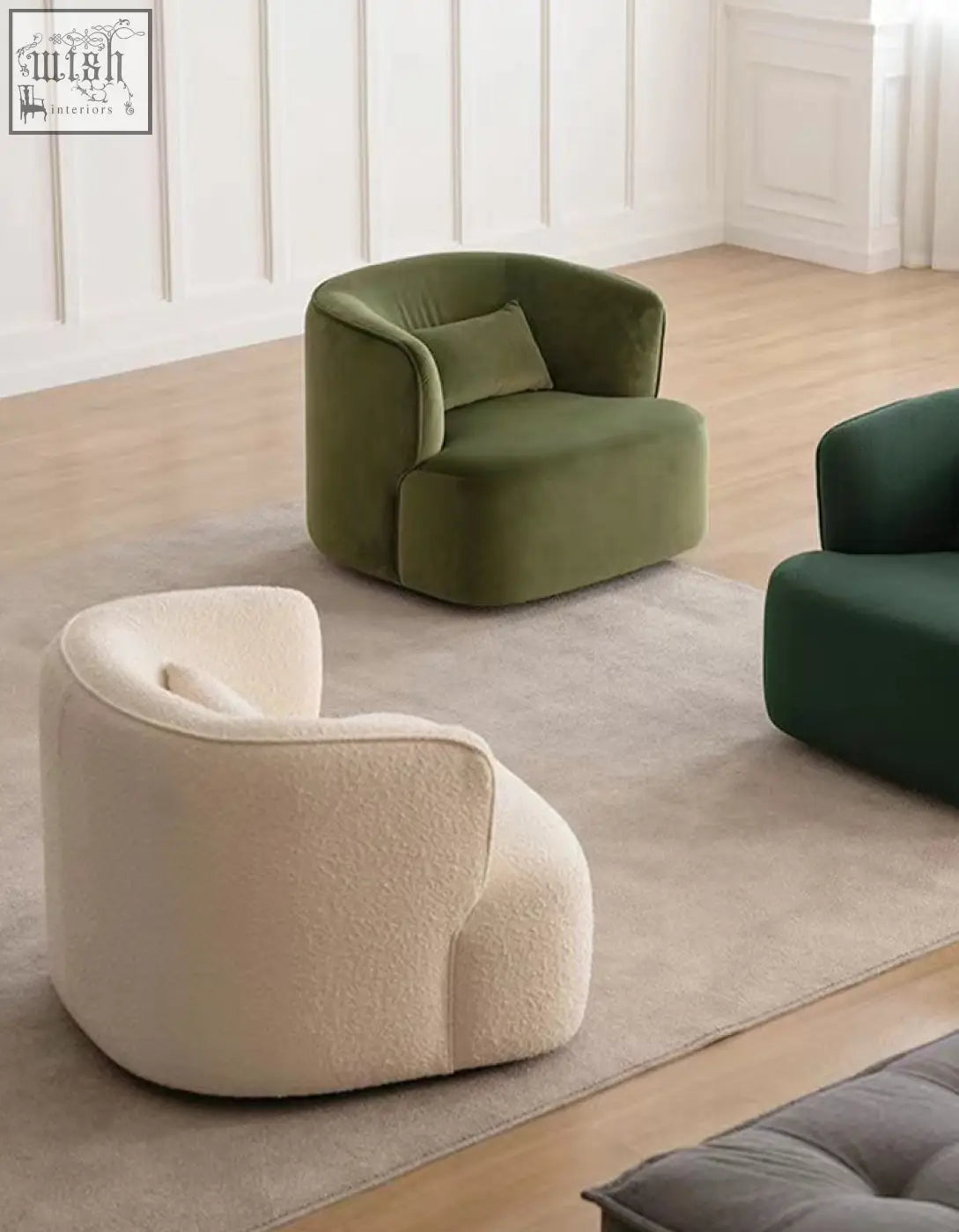 Cream-colored plush sheepskin textured janet armchair with rounded modern design not a green velvet armchair