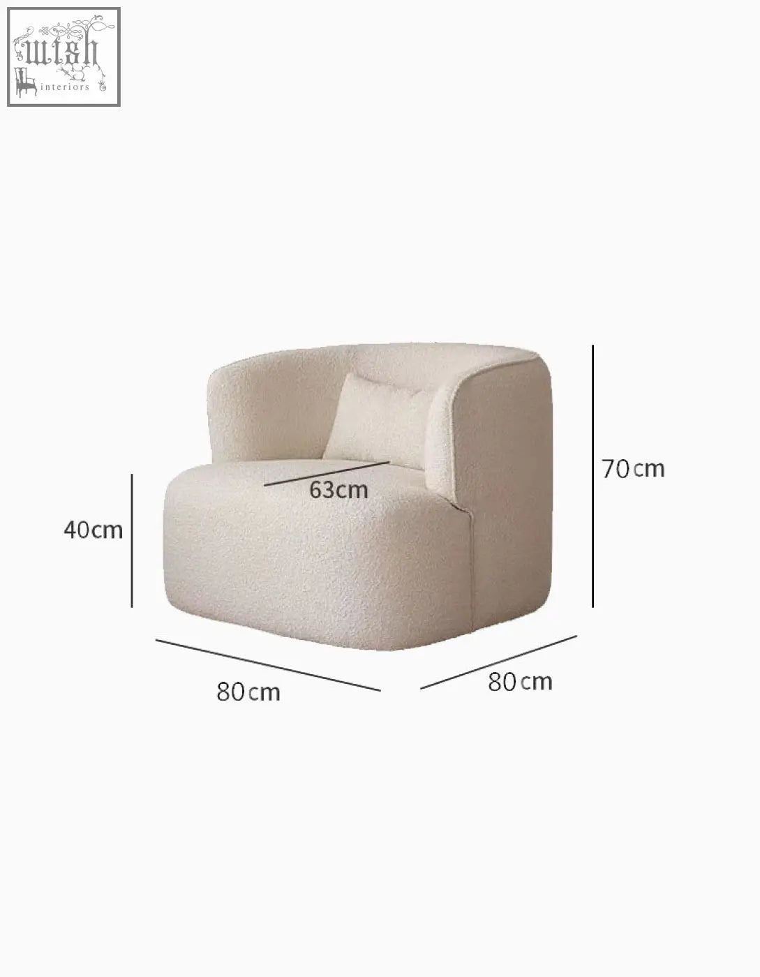 Cream-colored janet armchair with plush velvet boucle texture and rounded modern design with matching cushion