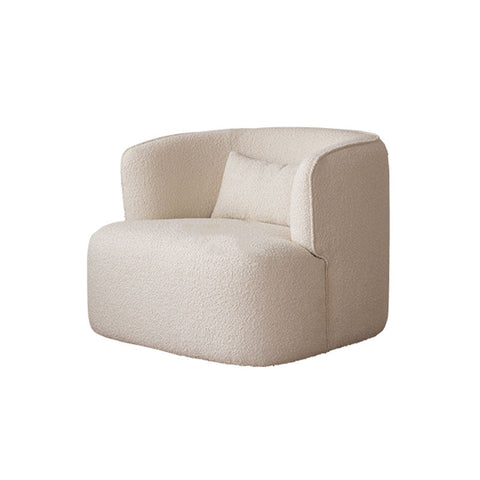 Cream-colored plush jaotoo armchair in cube shape with soft velvet boucle fabric and matching cushion