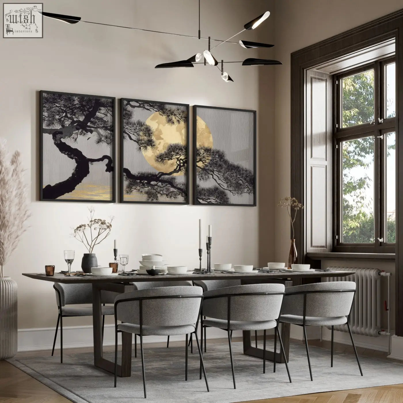 Three-panel minimalist wall art featuring black and white bonsai tree silhouette with gold tones for dining room decor