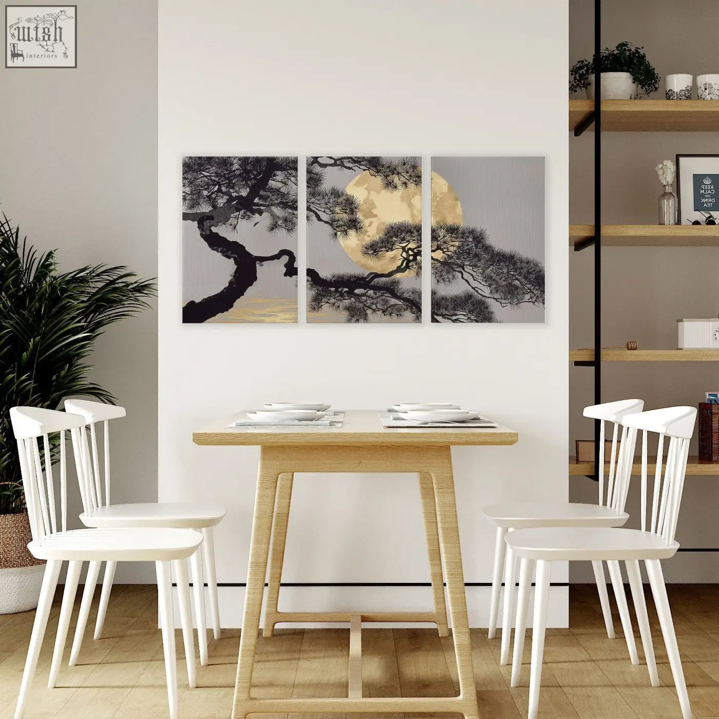 Three-panel minimalist wall art featuring black pine tree silhouette and pale yellow moon with gold tones for dining room