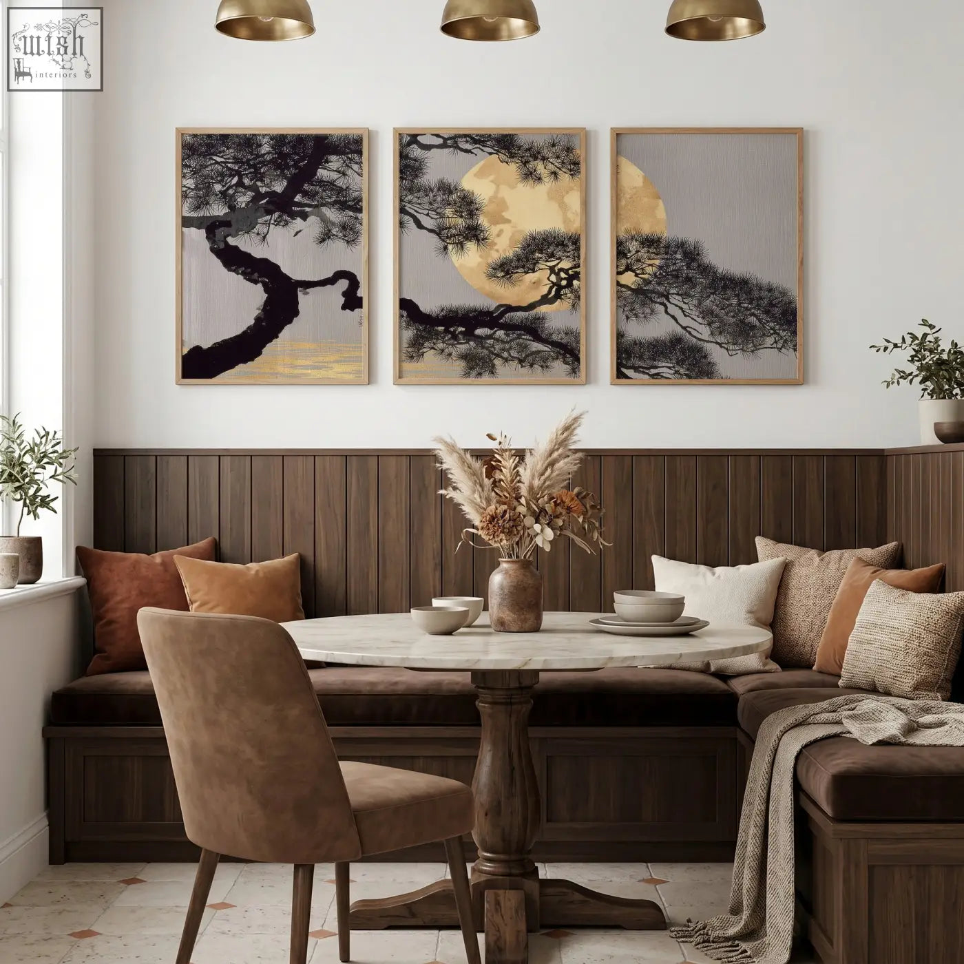 Round marble-top table with dark wood base paired with japan wall art featuring japanese pine tree and gold tones perfect for dining room