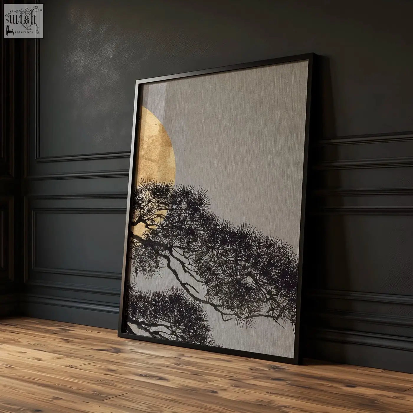 Black-framed minimalist wall art with japanese pine tree silhouette and gold tones for dining room decor