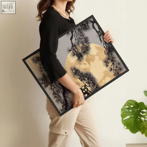 Black framed Japan wall art with gold tones moon and black pine trees on gray background perfect for dining room