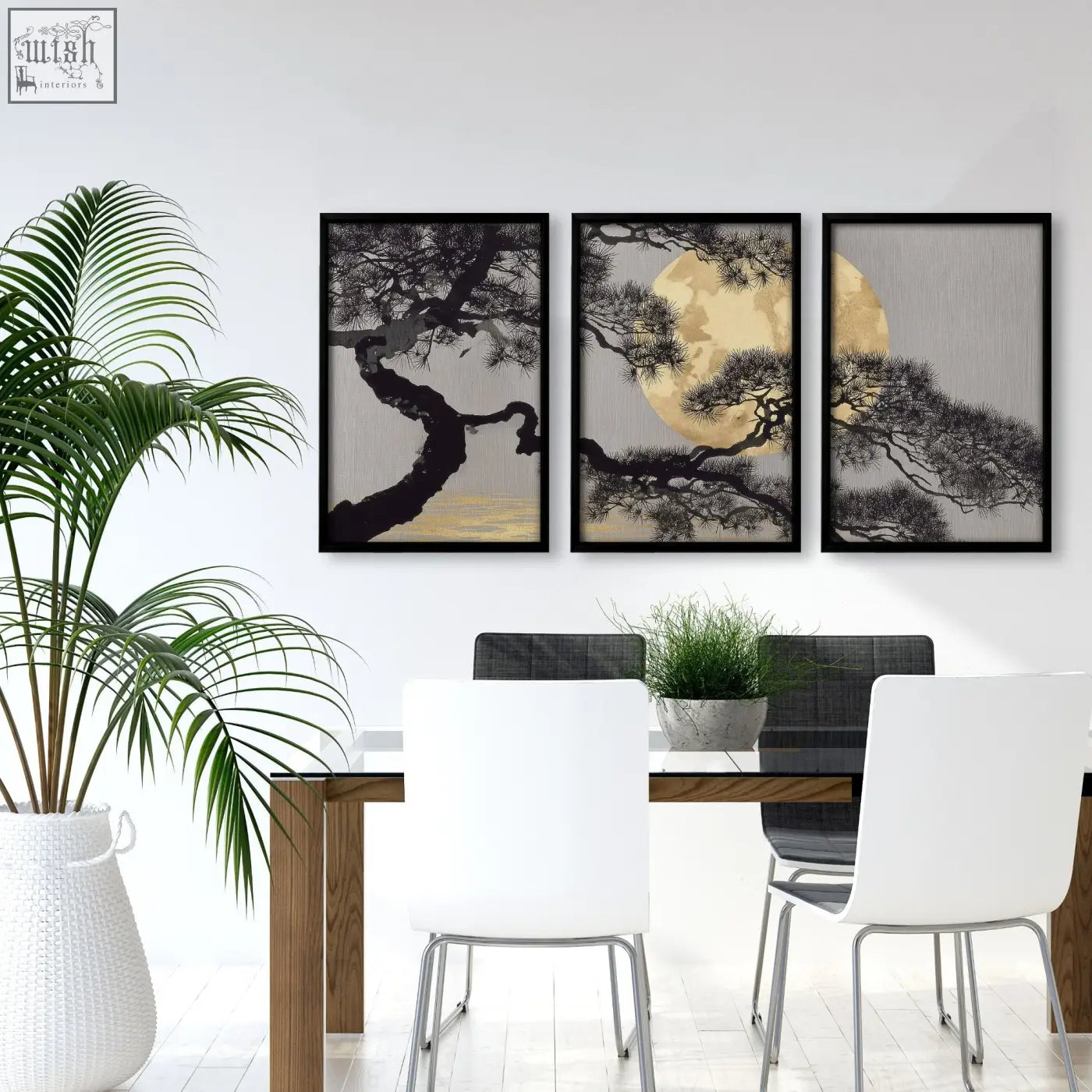 Three framed wall art pieces featuring stylized japanese pine trees against golden moons in gold tones for dining room
