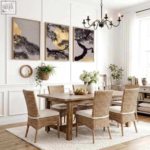 Woven rattan dining chairs with cream cushioned seats paired with japan wall art featuring gold tones for dining room
