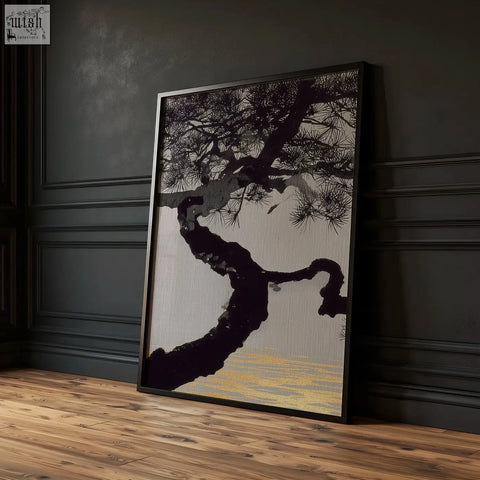 Black-framed minimalist wall art set of 3 featuring stylized pine trees with gold tones perfect for dining room decor