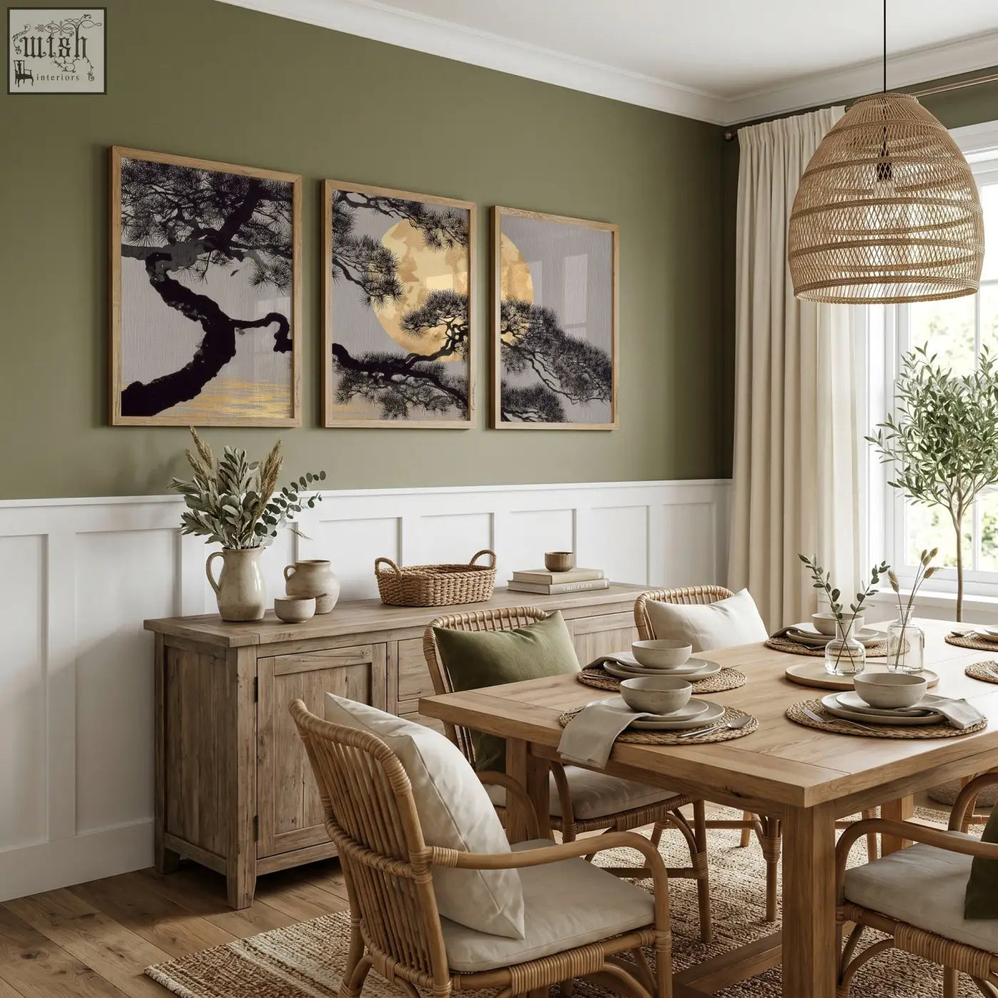 Woven rattan pendant light with natural textured weave and warm finish complements dining room wall art in gold tones