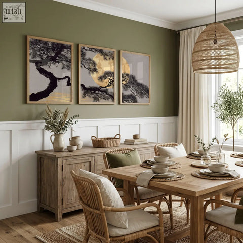 Woven rattan pendant light with natural textured weave and warm finish complements dining room wall art in gold tones
