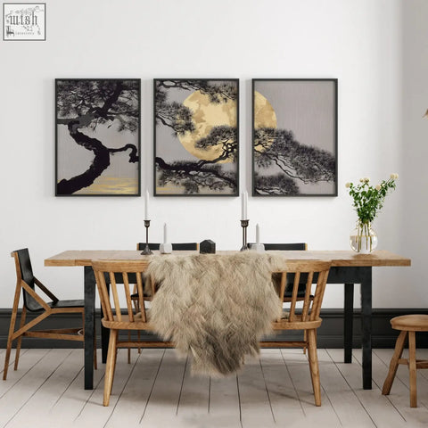 Three framed wall art pieces featuring stylized japanese pine trees and full moon in gold tones for dining room decor