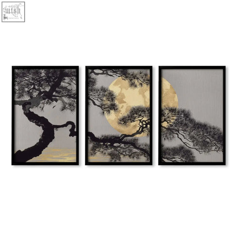 Set of three japan wall art featuring black pine branches and gold tones on gray background perfect for dining room decor