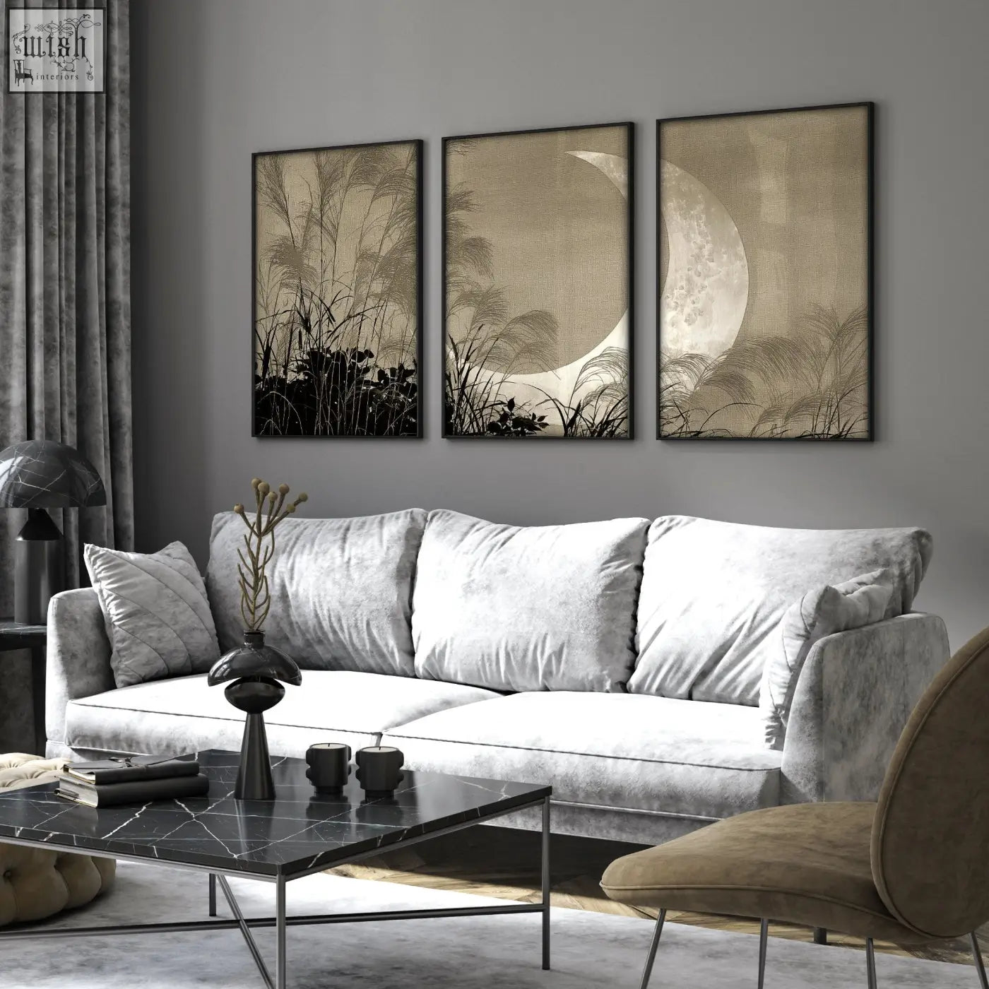 Gray velvet sofa with plush cushions next to japandi crescent moon and pampas grass living room canvas art set of 3