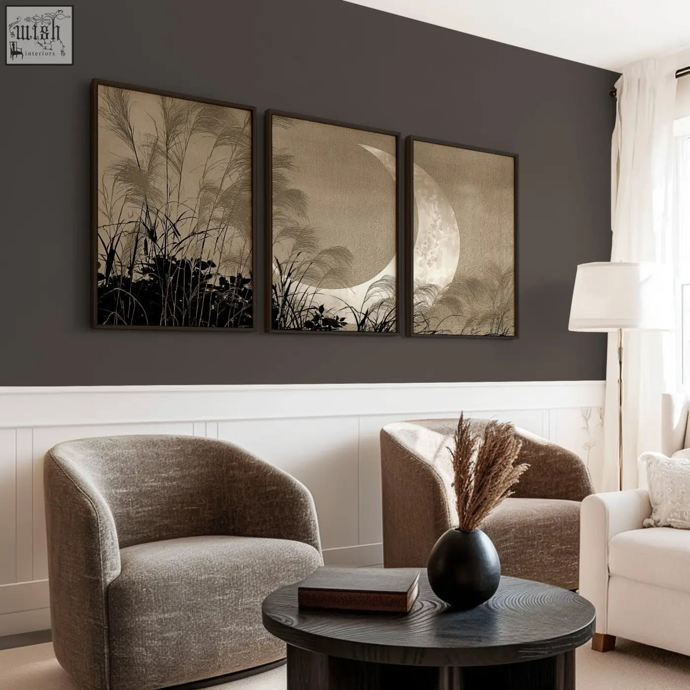 Black ceramic vase with dried pampas grass complementing japandi crescent moon living room canvas art set