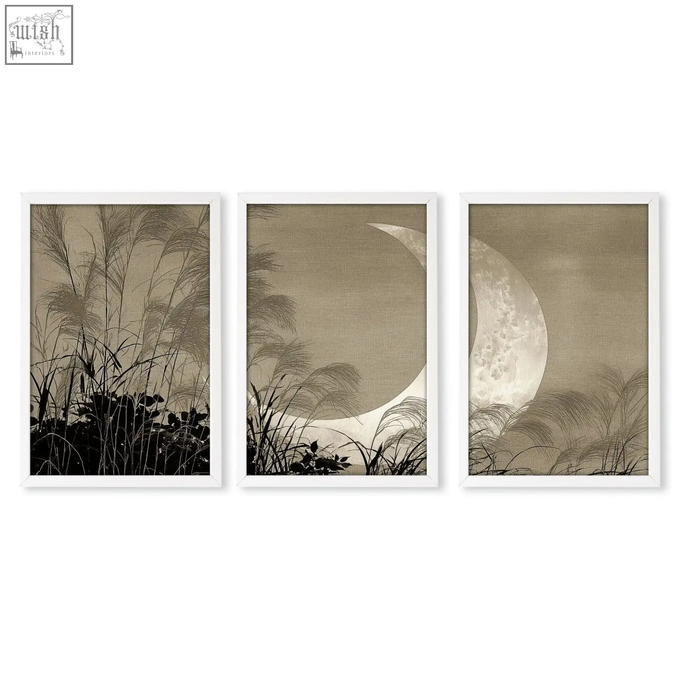 Set of 3 sepia tone japandi crescent moon and pampas grass living room canvas art in white frames for room decor