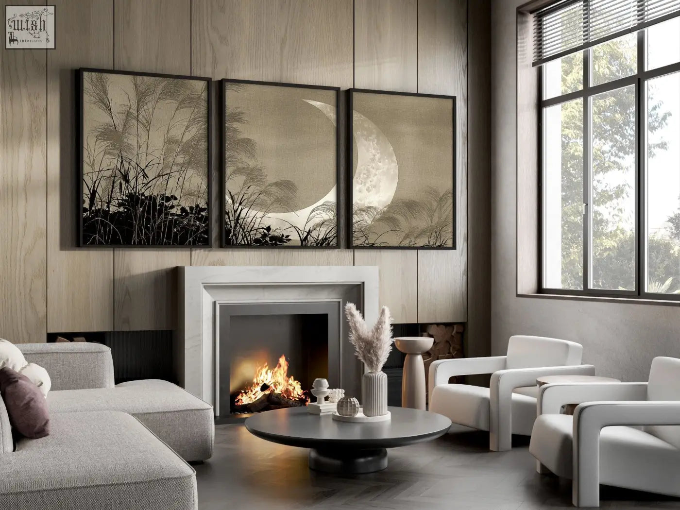 Three-panel minimalist living room canvas art featuring a monochromatic crescent moon and pampas grass in black frames