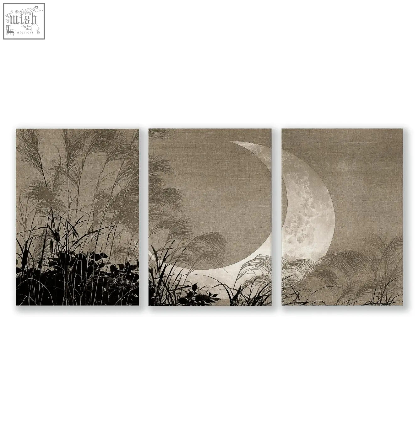 Three-panel sepia living room canvas art featuring crescent moon rising behind silhouetted pampas grass reeds