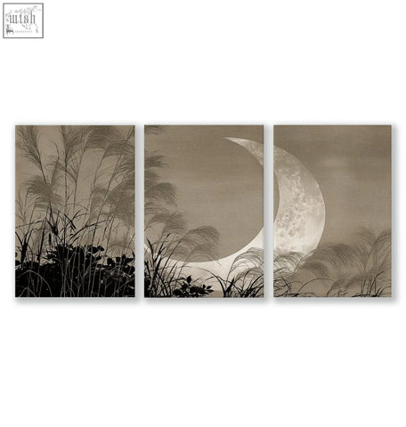 Three-panel sepia living room canvas art featuring crescent moon rising behind silhouetted pampas grass reeds
