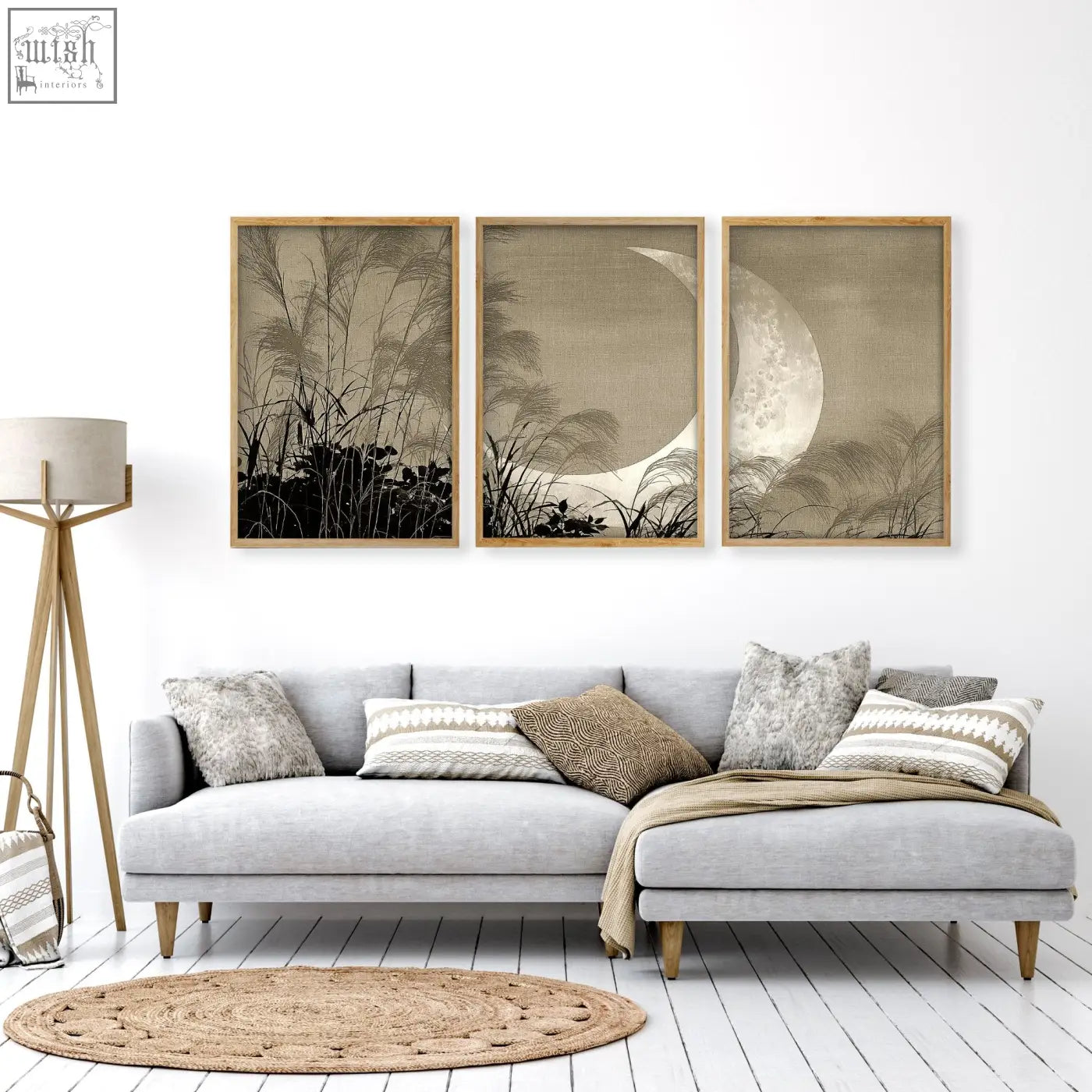 Three-panel living room canvas art with crescent moon and pampas grass silhouettes in sepia tones and light wood frames