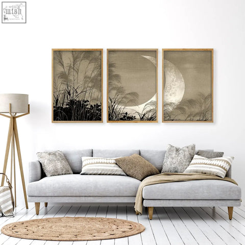 Three-panel living room canvas art with crescent moon and pampas grass silhouettes in sepia tones and light wood frames