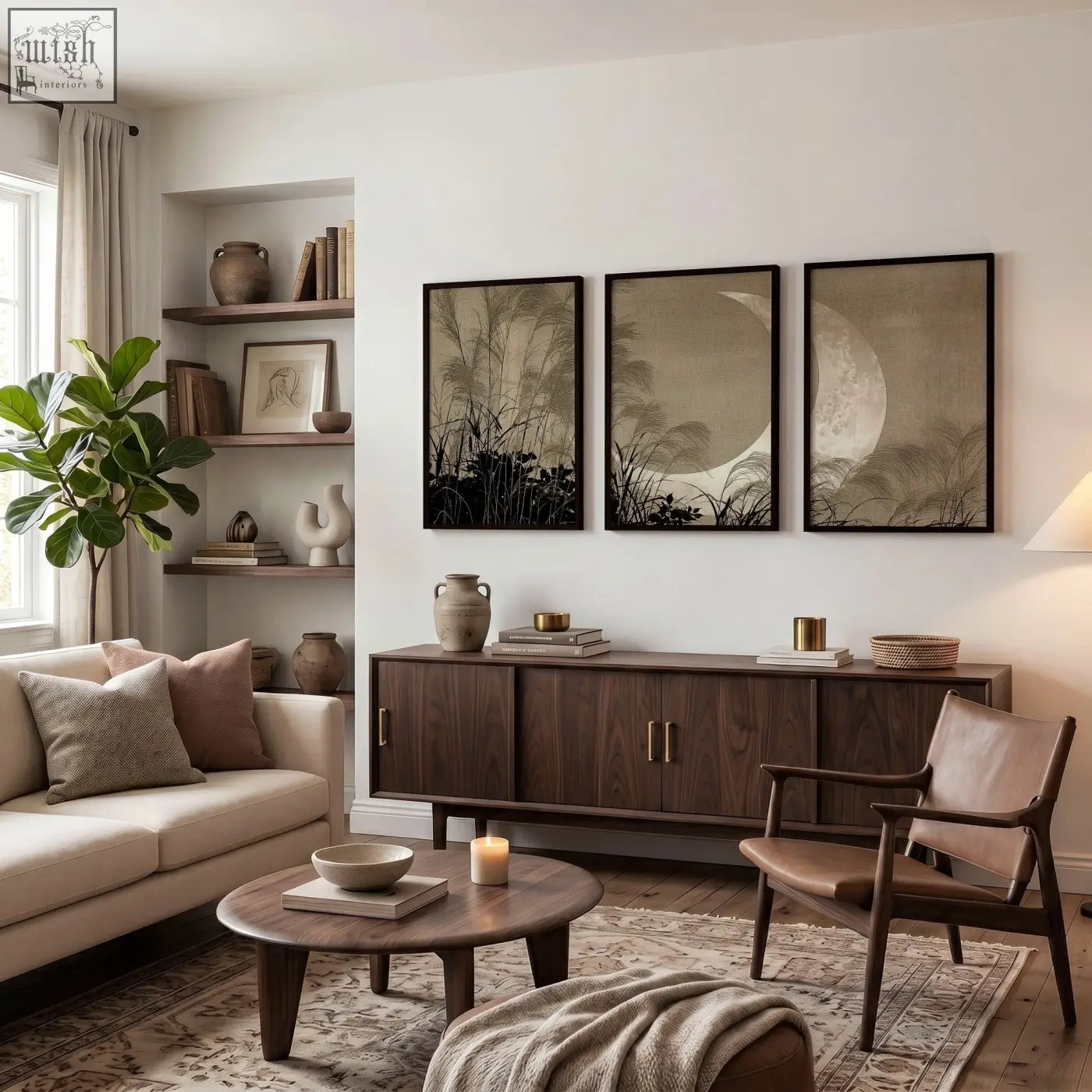 Dark wood sideboard with sleek gold handles and minimalist design styled with books and vases for living room canvas art set