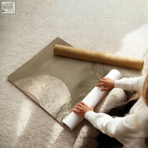 Beige and silver abstract living room canvas art featuring textured moon and feather design unrolled on carpeted floor