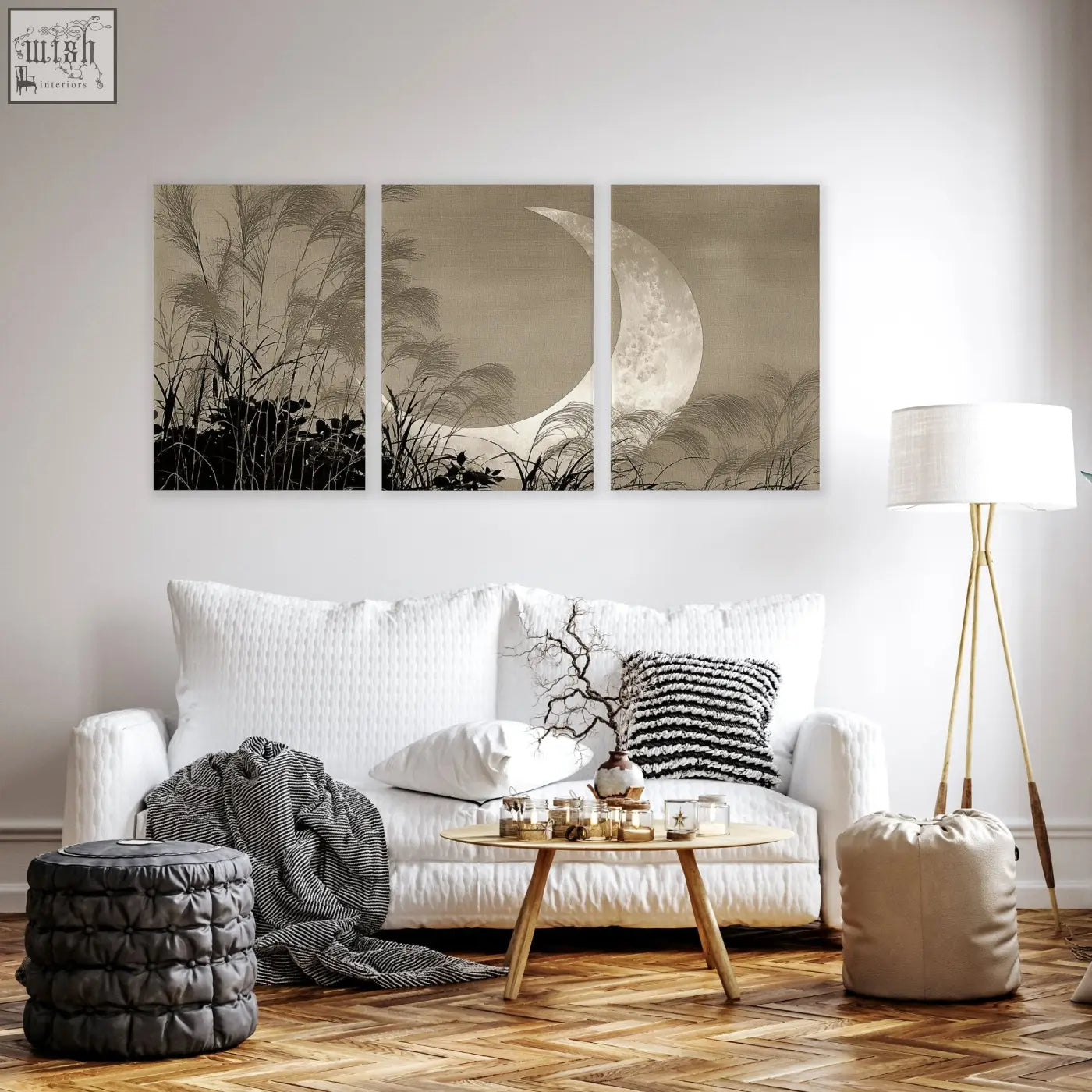 Three-panel sepia-toned living room canvas art featuring crescent moon and pampas grass in japandi style